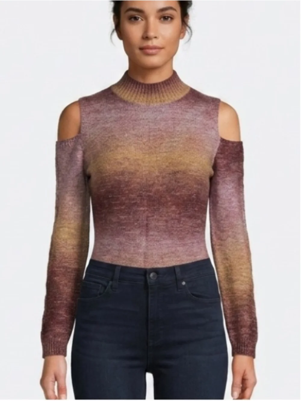 cleo cold, shoulder Mock Neck Sweater in Mauve and Gold-Tone work, Travel 1437